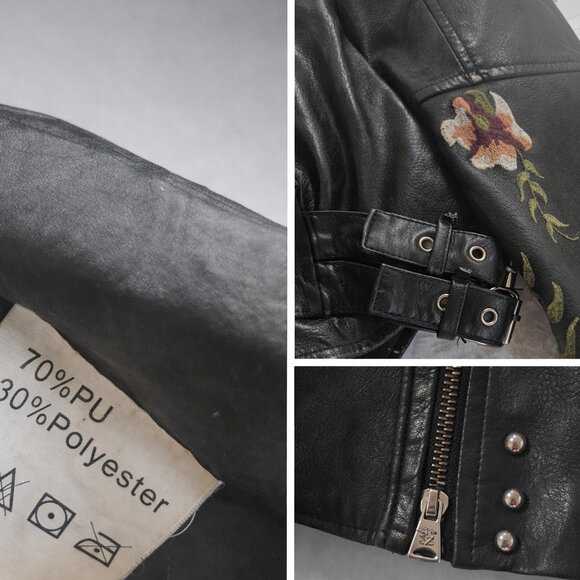 ATF Floral Embroidered Moto Jacket Black Studded Faux Leather Size M - Picture 3 of 4